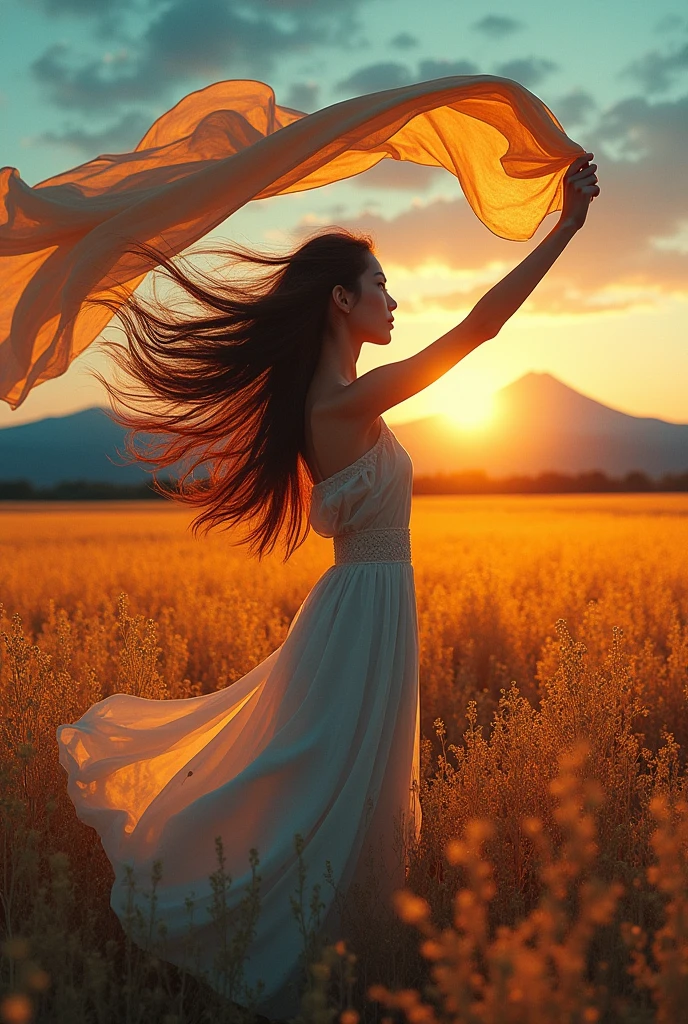 A vibrant background of colors. The dominant colors include shades of muted gold, teal, orange, and purple. The focal point is a woman standing in a field in profile, holding a large, very long, billowy scarf in the wind over her head. Her hair is long and blowing . Hyper photo realistic. Large plot, typography, photo, conceptual art, painting, illustration, fashion, 3d render, portrait photography, cinematic, dark fantasy,japanese woman, mt.fuji 