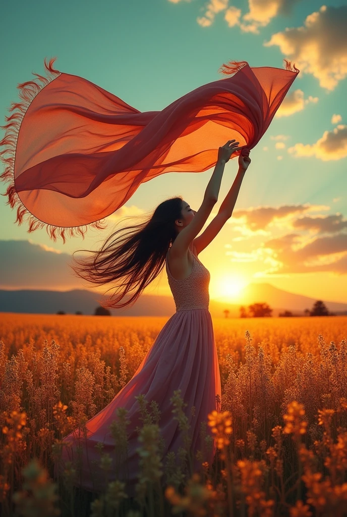 A vibrant background of colors. The dominant colors include shades of muted gold, teal, orange, and purple. The focal point is a woman standing in a field in profile, holding a large, very long, billowy scarf in the wind over her head. Her hair is long and blowing . Hyper photo realistic. Large plot, typography, photo, conceptual art, painting, illustration, fashion, 3d render, portrait photography, cinematic, dark fantasy,japanese woman, mt.fuji 