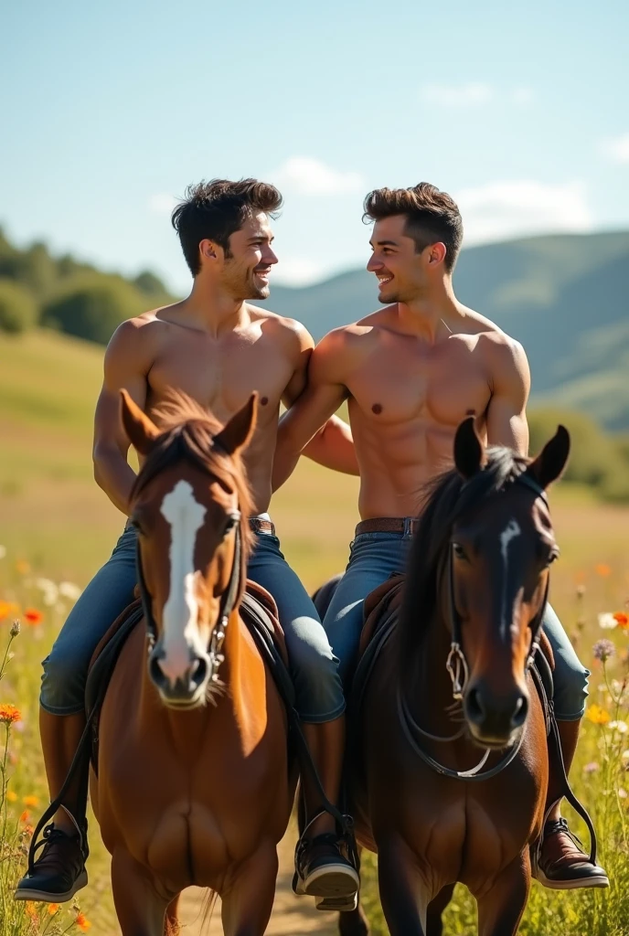 Two handsome young men, both with beautiful faces, white skin, and soft skin, lean and shirtless, with short black hair, riding horses together.