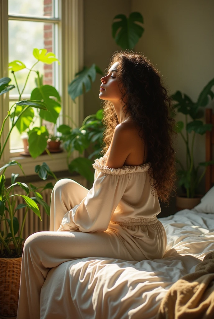 (photorealism:1.2), beautiful woman, sitting on bed, wearing loose off-shoulder top, pajama pants, long curly hair, indoors, soft lighting, plants in background, window with sunlight, cozy room, relaxed pose, realistic, intricate details, warm colors, by Greg Rutkowski, by Alphonse Mucha