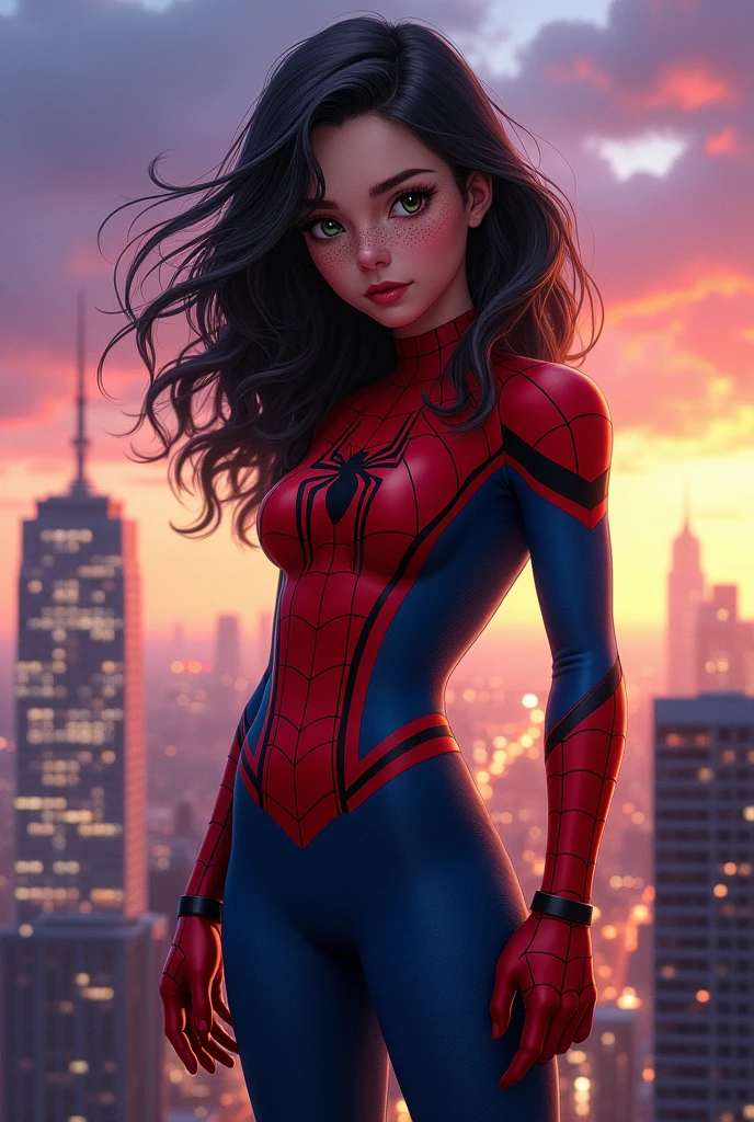 Create a girl with black hair with wavy white streaks, not very long, and freckles with brown eyes and a green rim, and an hourglass body, dressed as Spider-Man.