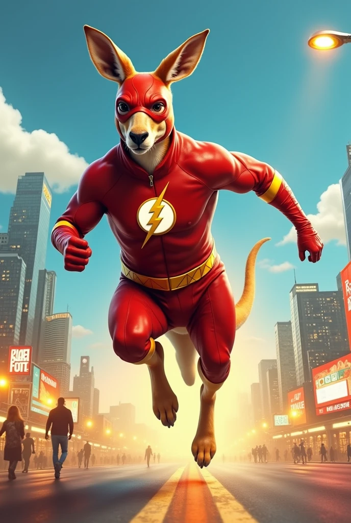 Un kangourou portant le costume de Flash en train de courir
Changer l’arriere plan en ville noturne
