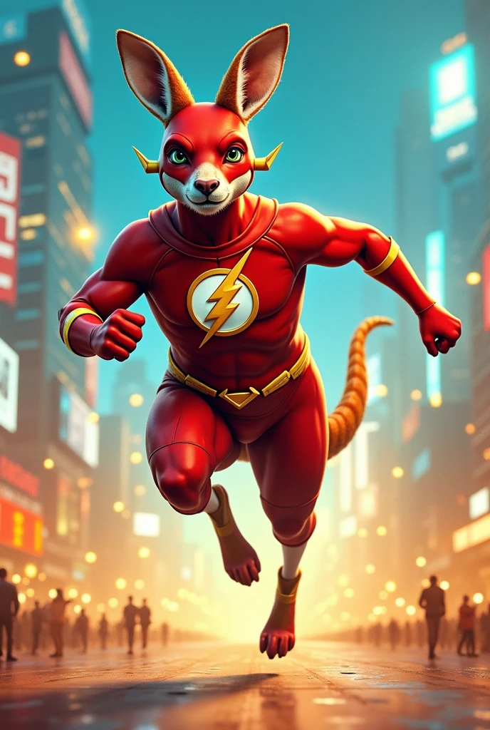 Un kangourou portant le costume de Flash en train de courir
Changer l’arriere plan en ville noturne