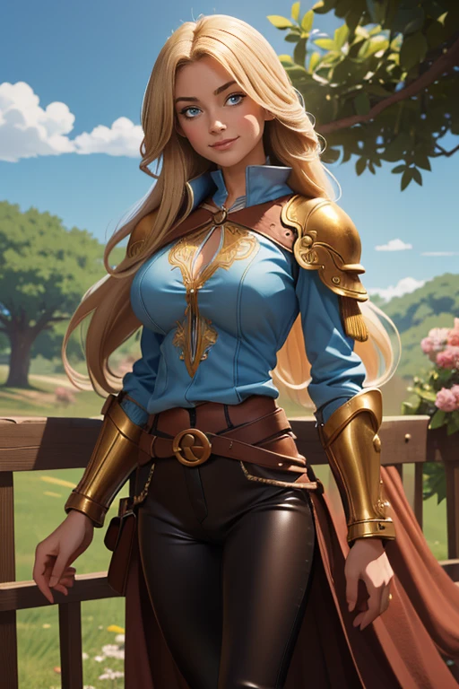 (8k, raw photo, Best Quality, maestro:1.2), (anime photo-anime:1.37), ultra detailed, 1 girl, Beautiful, Alone, Gorgeous detailed blue sky with fluffy clouds, (blush), (whole body: 1.1), (smile: 1.1), (shut up), big breasts, Beautiful and delicate blue eyes, (Tight blue armor with intricate engravings of leaves and flowers : 1.1), Golden metal pieces covering her shoulders and arms, Dark brown leather belt with metal buckles, tight leather pants, Brown leather boots, A cross adorns her chest, (long blonde hair: 1.2), flowing hair, high contrast, Proporciones de whole body, (astride, stretch the legs, thin legs), Chest closeup, full color