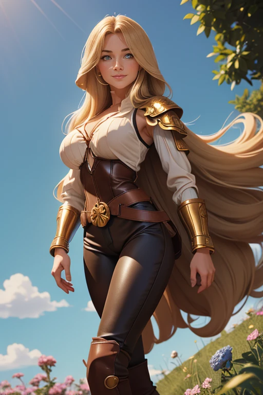 (8k, raw photo, Best Quality, maestro:1.2), (anime photo-anime:1.37), ultra detailed, 1 girl, Beautiful, Alone, Gorgeous detailed blue sky with fluffy clouds, (blush), (whole body: 1.1), (smile: 1.1), (shut up), , Beautiful and delicate blue eyes, (Tight blue armor with intricate engravings of leaves and flowers : 1.1), Golden metal pieces covering her shoulders and arms, Dark brown leather belt with metal buckles, tight leather pants, Brown leather boots, A cross adorns her , (long blonde hair: 1.2), flowing hair, high contrast, Proporciones de whole body, (astride, stretch the legs, thin legs),  closeup, full color