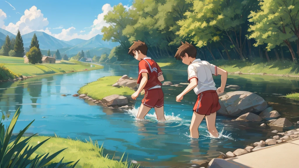 Two male junior high school students are playing in a river in the countryside, taking off their clothes.