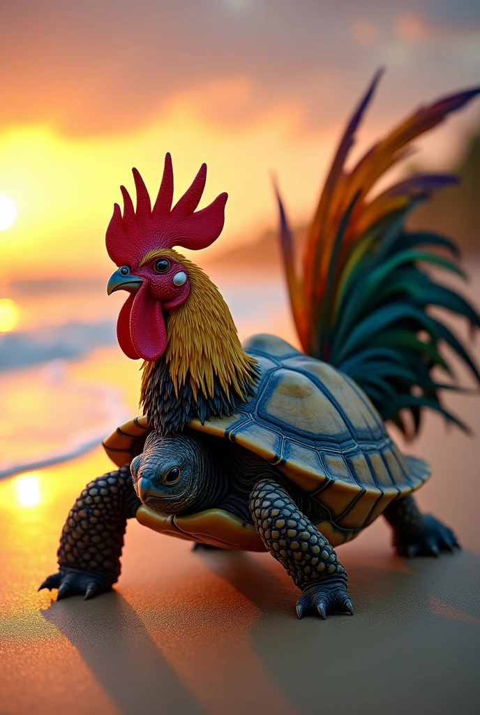 (photorealism:16.9), 1 Turtle, with a rooster's head, with a rooster's tail.