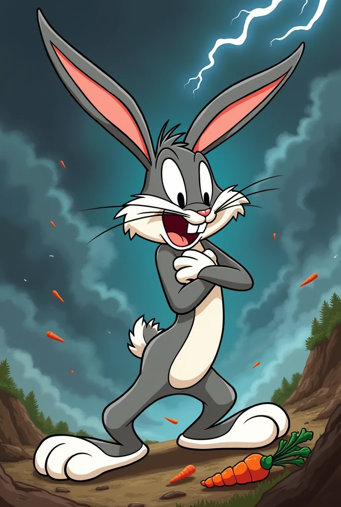 Bugs Bunny rabbit fighting against a strong wind storm