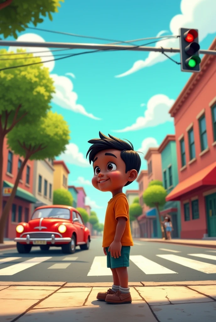 In cartoons a child Mateo with black skin.A car running without respecting the traffic lights