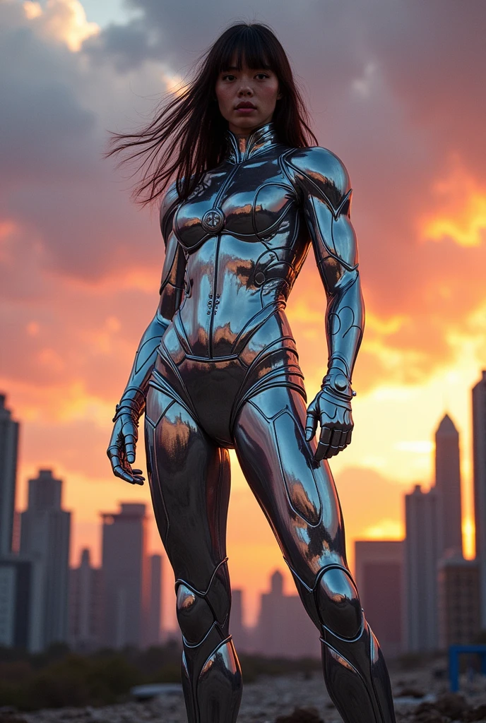 Create a realistic image of a young woman. She is approximately 25 years old, has long hair and bangs. In this image she is using her powers, which are exactly the same as Colossus from X-Men. Her skin is completely covered in metal., both his hair and his face, exactly the same as the Colossus is.