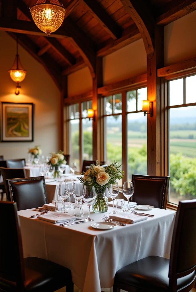Vineyard restaurant interior without people, with warm lighting and an elegant style.