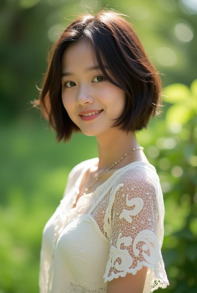  Highest quality, figure, Very detailed, In detail, High resolution, 8k wallpaper, Perfect dynamic composition, Beautiful attention to detail,  Face Focus,  Soft Light,Lace blouse ,Short Bob Hair,Natural color lip, ,smile,Outdoor、18-year-old girl、cute、looking at the camera