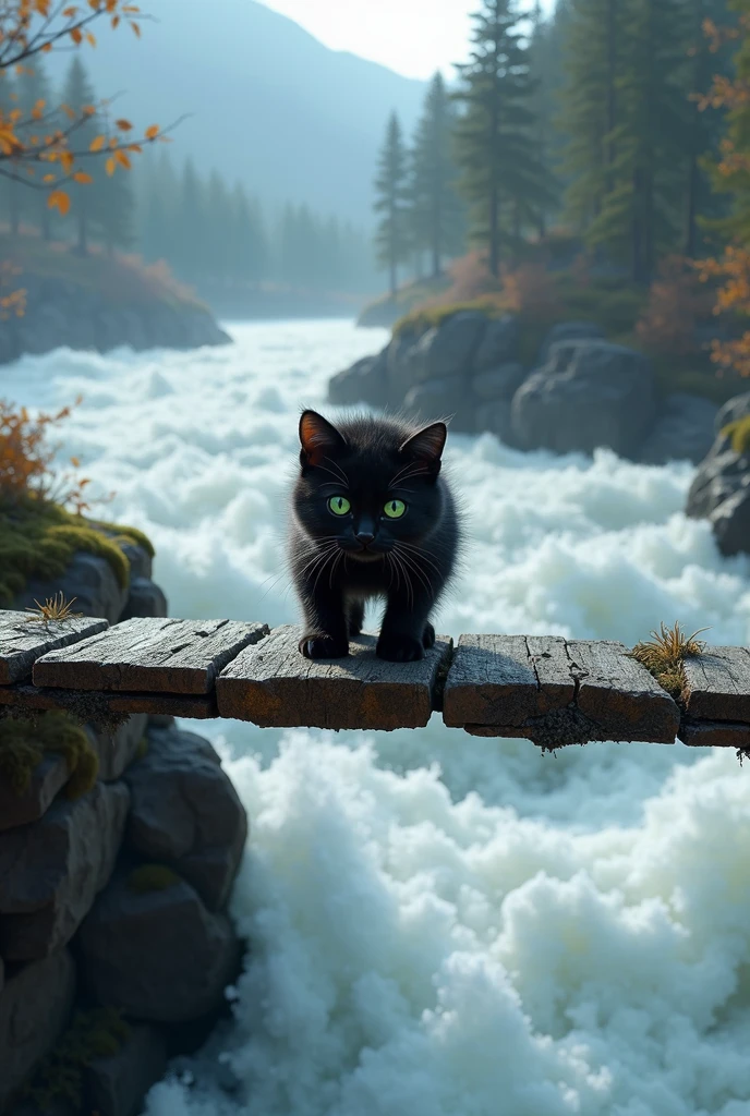 Black kitten, cross the bridge, Raging current, high resolution images, virtual, Overflowing river, Black kitten