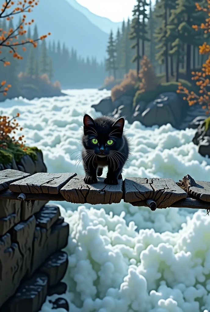 Black kitten, cross the bridge, Raging current, high resolution images, virtual, Overflowing river, Black kitten