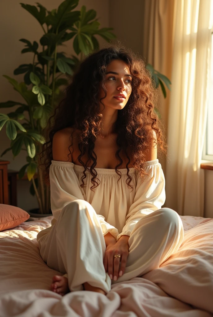 (photorealism:1.2), beautiful woman, sitting on bed, wearing loose off-shoulder top, pajama pants, long curly hair, indoors, soft lighting, plants in background, window with sunlight, cozy room, relaxed pose, realistic, intricate details, warm colors, by Greg Rutkowski, by Alphonse Mucha