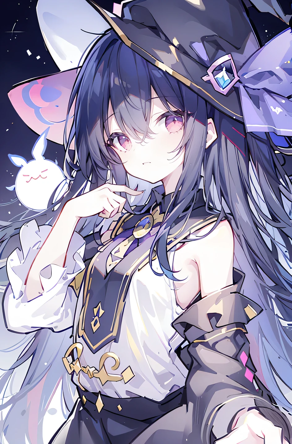 oung Girls,Humanity,A magician always smiles,big witch hat,cute,dark blue long hair,The eyes are dull,The bangs are heavy,Thin eyebrows,fantasy,intake,Double teeth,Star Theme,Constellation pattern,Solid color clothetal decoration,cloak,A bit of a dark atmosphere,A little crazy smile,When the big moon shines outside at night,blood,Hair black star embellishment,Short tie,No nails,High waist skirt,Bell sleeves,Long-sleeved shirt,Black tie,low risk,gentlemen。Mist、Yellow and white effect,Shocking pink as an accent color