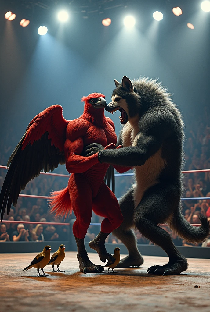 A red and black vulture with a muscular human body, fighting a black and white werewolf with a muscular human body, A wrestling ring. The wolf beats the vulture, leaving it on the ground watching 4 little birds
