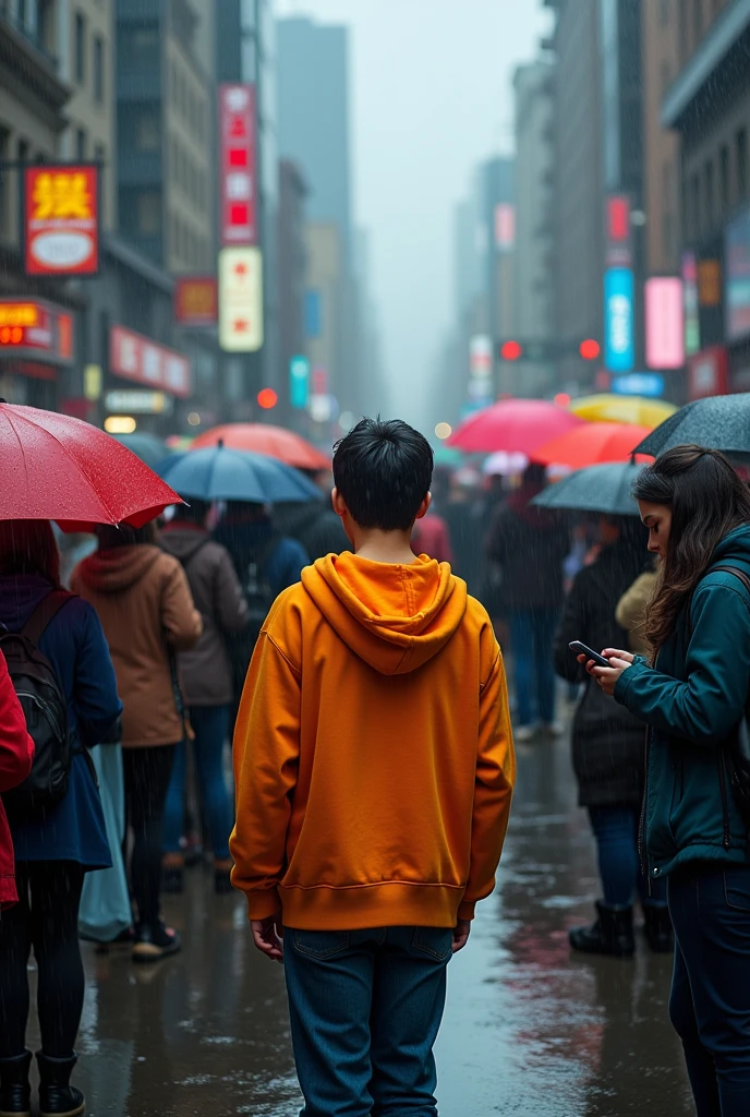 A ager in a sweatshirt surrounded by people with cell phones in their hands, raining 
