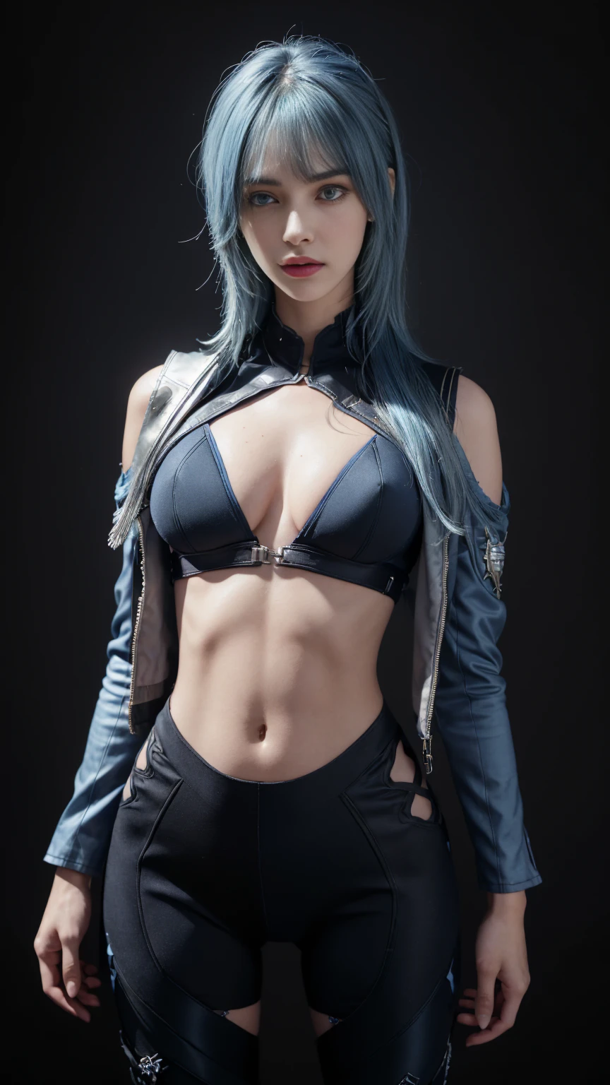 8K, Top Quality, Intricate Details, Ultra Detail, Ultra High Resolution, Masterpiece, close up shot, Slender,, ((Full body )), (Makeup: 0.4), (), , looking at viewer, ((full body)), 1girl, solo, 1 girl, (( )), , , ((tall)), (((fit body))), (((slim face))), sharp face , smile, (( Fluffy blue Eyes: 1.21 , blue hair ,bangs, blue hair, dark blue hair, blue hair, bangs, long hair, bangs, messy hair )) , (detailed face), sharp face, small lips, standing, feminine pose, , show belly ,, , ((, captain america suit )), , ((detail belly )), detail fingers, detail hands, detailed face, detailed breast, huge breast, Narrow Waist, Skinny, 175 cm tall , Muscular, Navel, Exposed Abdomen, , large breast, , , Beautiful girl with accentuated slender abs: 1.4, Six Pack Abs: 1.4, Bust Botox,, Perfect Body, (( dark background)), black background,