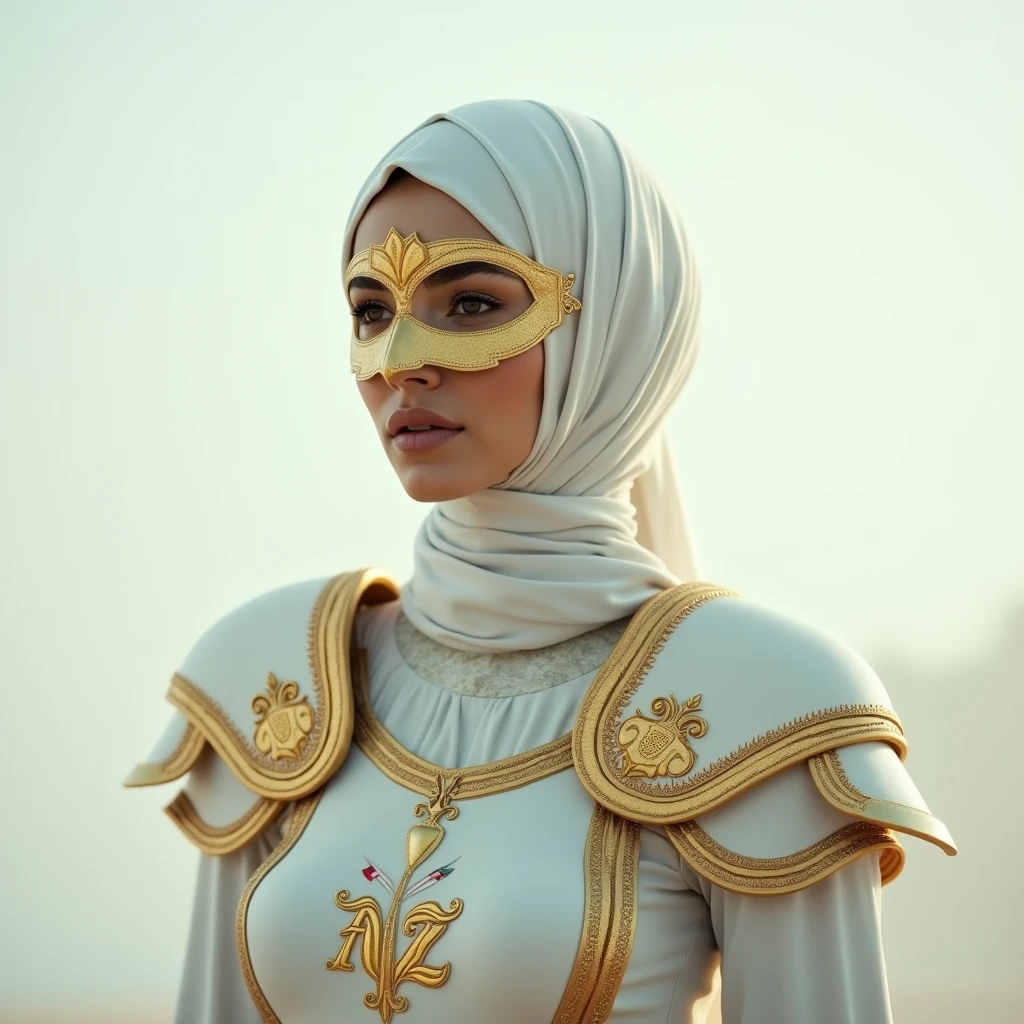 A Muslim woman who is extremely elegant and intelligent, who is also a warrior
On her armor put letters AZ and use golden and glassy white colors, the character is anonymous so use a golden mask on her armor and hide her face completely, this armor looks feminine and peaceful, use a white atmosphere on the background and make sure to put AZ letters on the armor , hide her face completely, use a Lebanon flag and iran flag on her armor too, not the colors but the signs only