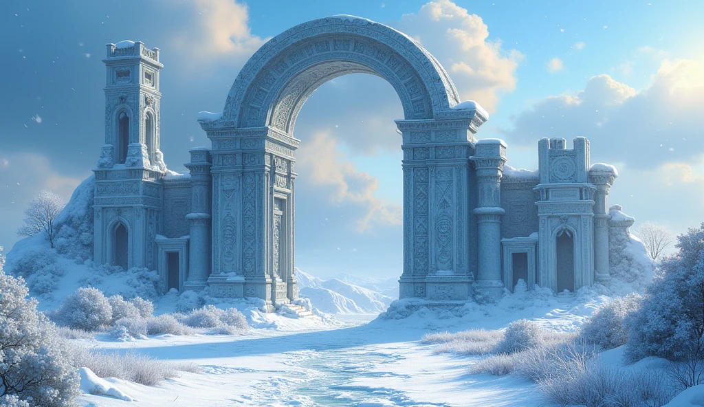 Snowy scene,Prometheus Ruins,Beautiful painting style,8k,Sunlight,Cool colors,Norse mythology,Rich architectural communities,No people scene
