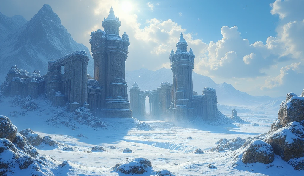 Snowy scene，Prometheus Ruins，Beautiful painting style，8k,Sunlight，Cool colors，Norse mythology，Rich architectural communities，No people scene