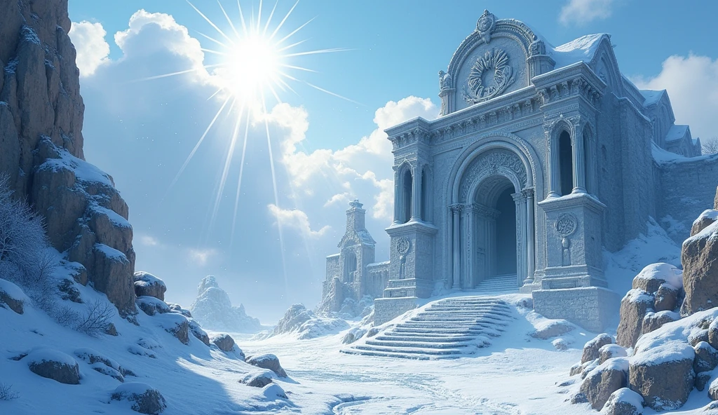 Snowy scene，Prometheus Ruins，Beautiful painting style，8k,Sunlight，Cool colors，Norse mythology，Rich architectural communities，No people scene