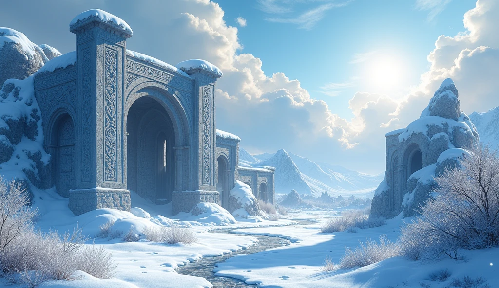 Snowy scene,Prometheus Ruins,Beautiful painting style,8k,Sunlight,Cool colors,Norse mythology,Rich architectural communities,No people scene