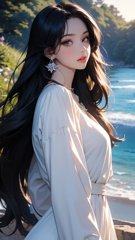 (masterpiece,Highest quality,,8k,High resolution),One female,,Beautiful Face,Beautiful Face,Beautiful eyes,Beautiful lips,,Black Hair,look back,,flower,Sandy beach with a view of the forest,A bright night with stars visible,jewelry,Holding,Long sleeve,necklace,Long Hair,dress,(whole body),Highly detailed anime art,