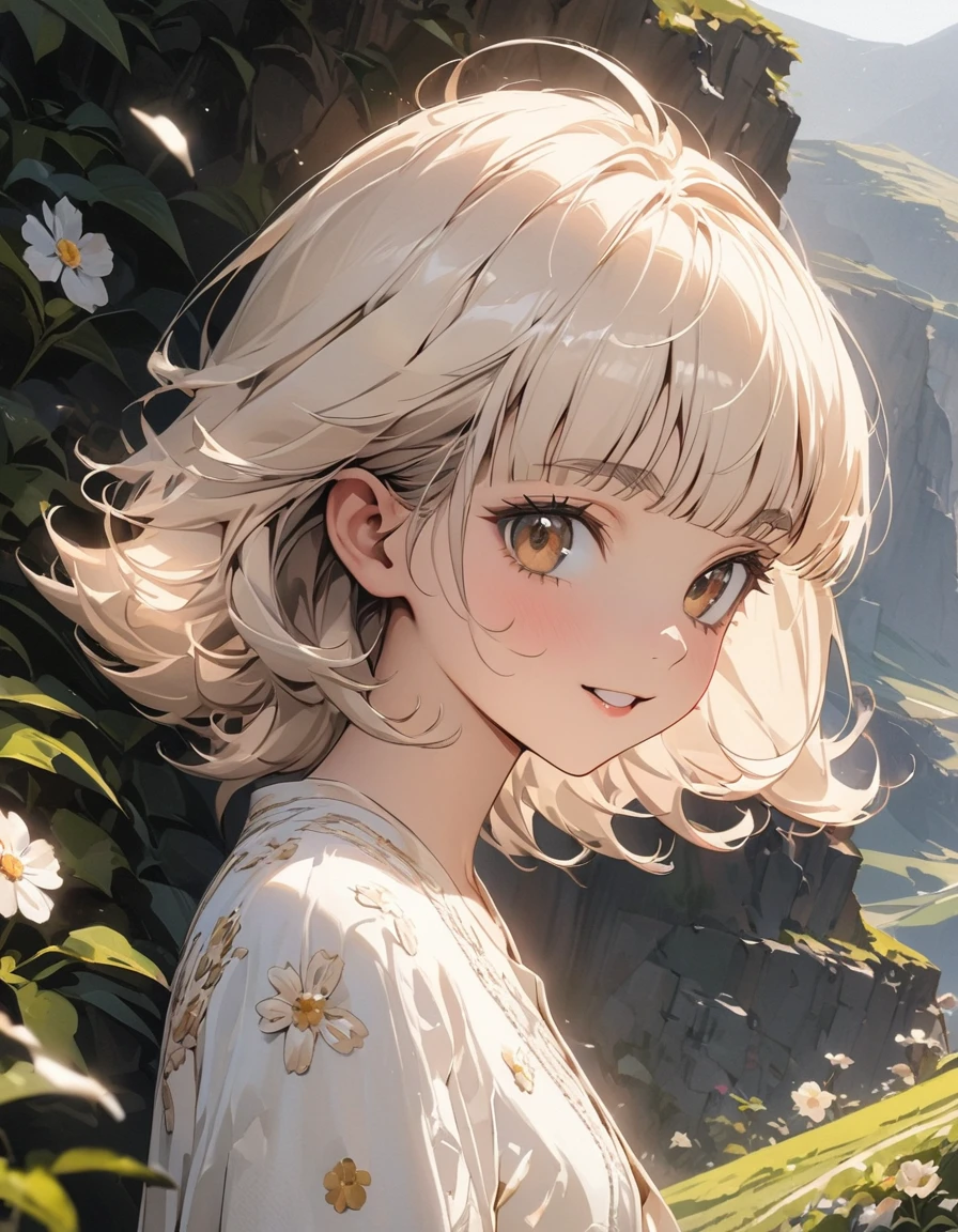 ((Masterpiece)), ((best quality)), ((wide shot)), from side, (super detail:1.2), (High Definition:1.3), ((extremely detailed)), (8K), (Professional Photography:1.2), (very aesthetic:1.2), (absurdres:1.2), perfect anatomy, intricate details, (sharp focus), (perfect light), (drop shadow), ((1girl)), (()), looking at viewer, (Close-up of marguerite), (on the Idyllic hill where marguerite blooms), Splendid marguerite in full bloom, ((Beautiful many marguerite)), details of the petals are delicate and gorgeous, cute teenage girl, platinum-gold hair, (loose blunt bangs), (medium hair), outside curl hair, (incline head), cute face, ((Short and thin eyebrows)), Healthy skin, (Healthy slim body), (:d), (arm up), (cute cheeks), glossy lips, pouty lips, bags under the eyes, (lower eyelashes), (detailed background:1.2), newest, clear line, (pale pink bottoned shirts),