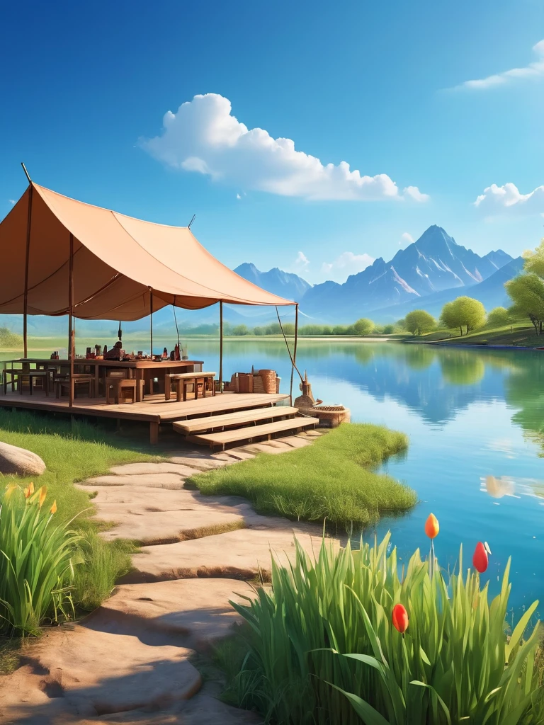 A man travels，real picture，Tented camp，Spring Outing，lake，Natural Scenes，barbecue，Blue sky natural background，Clay Materials，Clean background，Skyline design，3D，c4d，Blender，Natural light，Light group photo，Very high detail with rim light，Intricate details，8k, UHD, masterpiece, ccurate, anatomically correct, textured skin, award winning