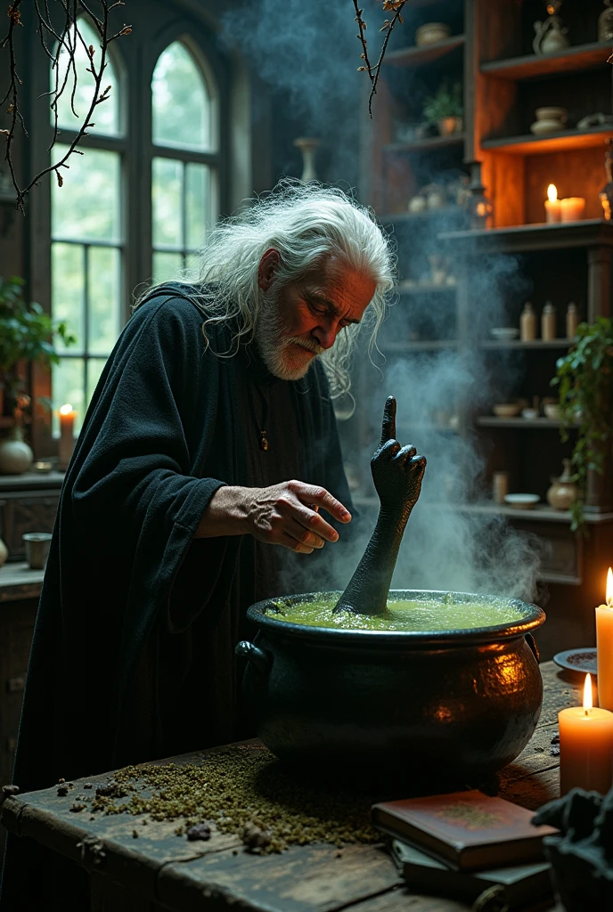 old witch stirring the cauldron, In the cauldron, place a black arm showing the middle finger, the longest finger, and the teeth fingers hidden.