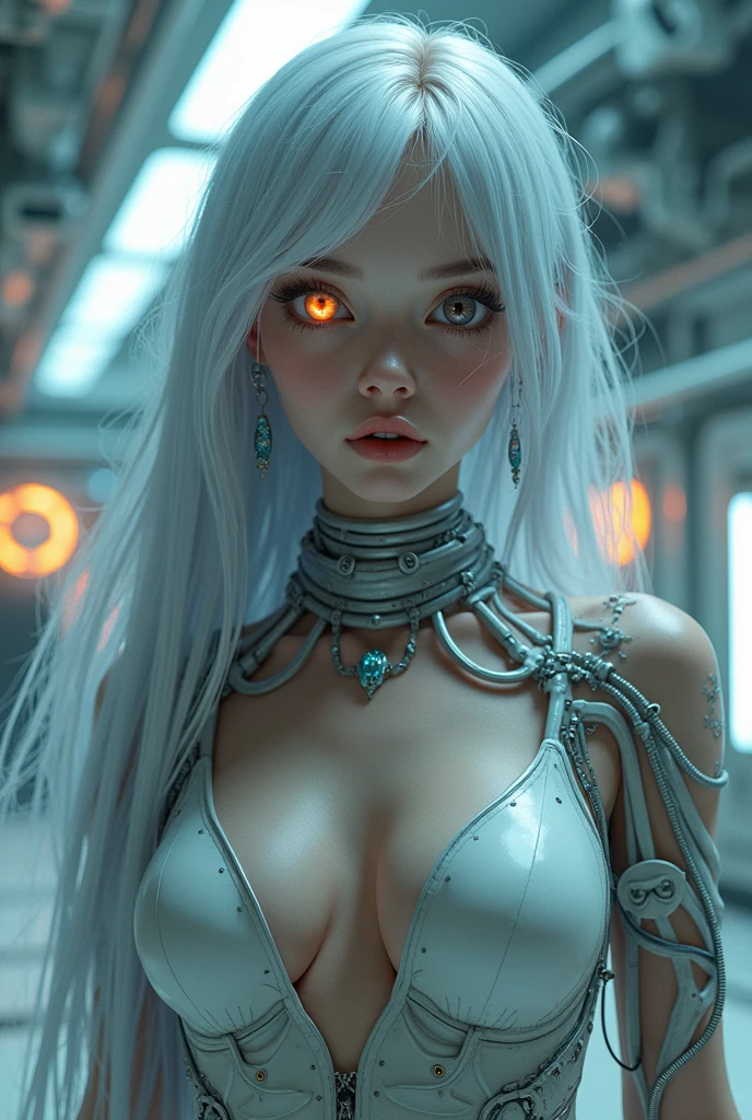 1 realistic girl,white goods, long hair, breasts big, ((Extraordinarily realistic details)), portraite, World-class lighting, ombre, octane rendering, 8f, ultra sharp, white metal,complicated, detailed jewellery, cool colors, highly complicated details, realistic light, trends at CGSociety, glare eyes, beautiful  face, cleary see face, Double eyelids, Pose as a model, Face the camera., neon details, mechanical members, blood vessels connected to tubes, Wires and cables connected to the body, highy detailed, เทคโนโลยีจากfuture world, future world, alien tech, space ship, Advanced alien world, cutting edge technology