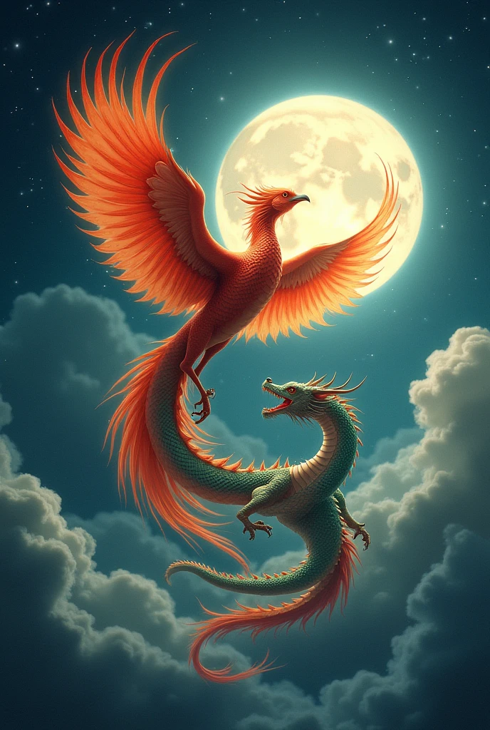 Realistic Phoenix and Dragon circulating the moon.