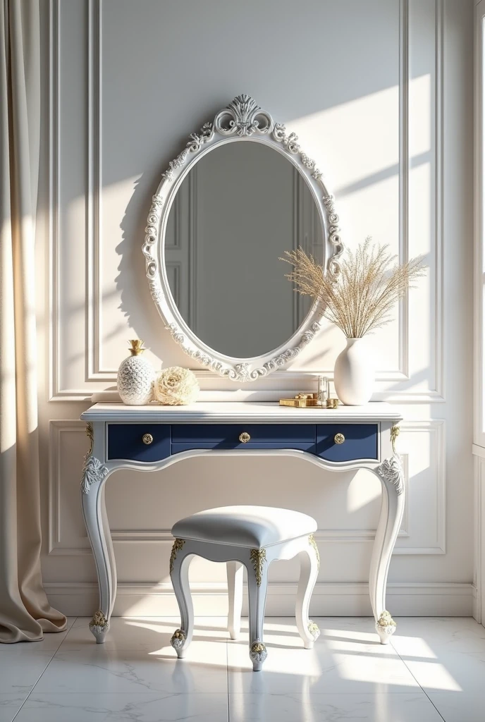 Professional 3d architecture rendering design of modern and gold French design for matte white and dark blue makeup table with beautiful mirror and white wall and elegant accessories and white mirror