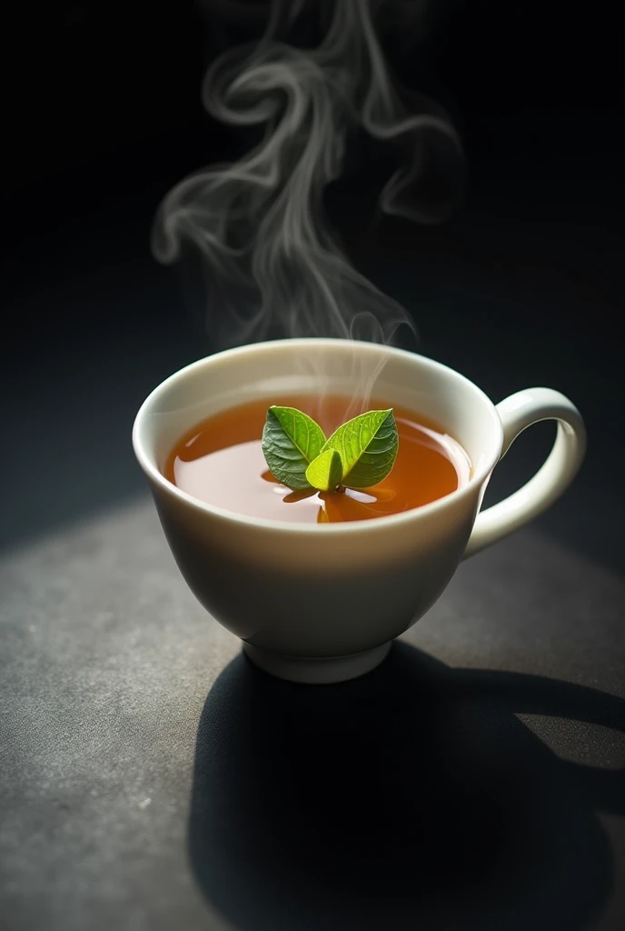 A single white porcelain teacup holds a cup of high mountain tea, brewed with one bud and two leaves.，simple，Movie Lighting，专业photography，Studio Lighting，Black desktop background，photography，Intricate details，Ultra Detail，Hyper-photorealism，8K Ultra HD top view，Top view, bird's eye view