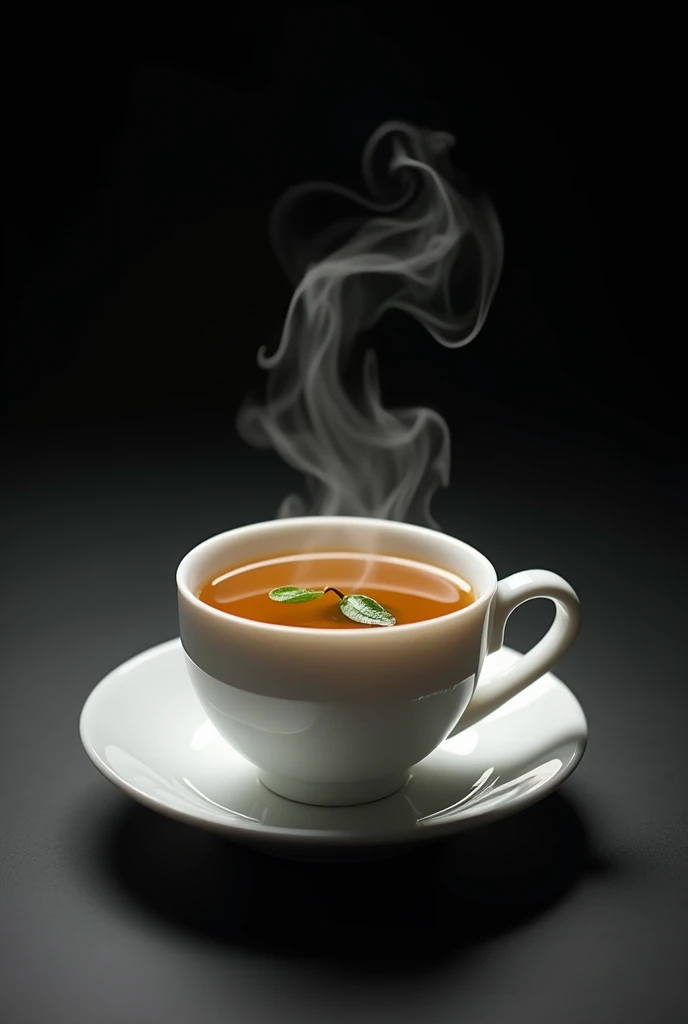 A single white porcelain teacup holds a cup of high mountain tea, brewed with one bud and two leaves.,simple,Movie Lighting,专业photography,Studio Lighting,Black desktop background,photography,Intricate details,Ultra Detail,Hyper-photorealism,8K Ultra HD top view,Top view, bird's eye view