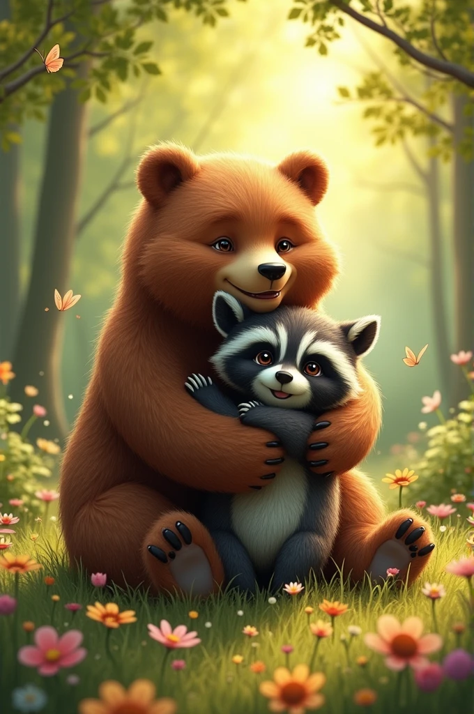 A bear and a raccoon hugging each other