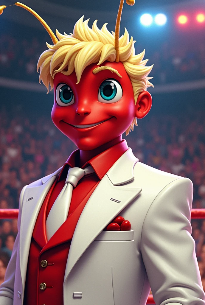 Cartoon male lady bug insect head, hands, and body dressed like WWE wrestling manager Brother Love with blond hair, a red face, and wearing white suit with red shirt and white tie