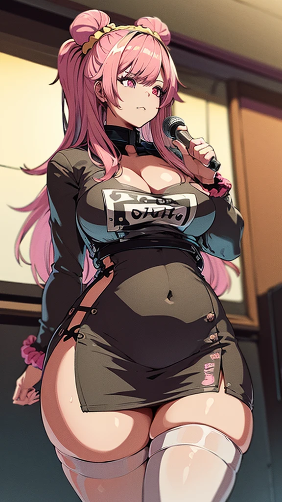 High detailed, 1 girl, alburn colored hair , pink hair ornament, hair scrunchie, long hair, pink scrunchie, top scrunchie, big busty, firm curvy body, burgundy shirt, , deep cleavage, Juliet sleeves, pencil skirt, black thighhighs, red gloves
