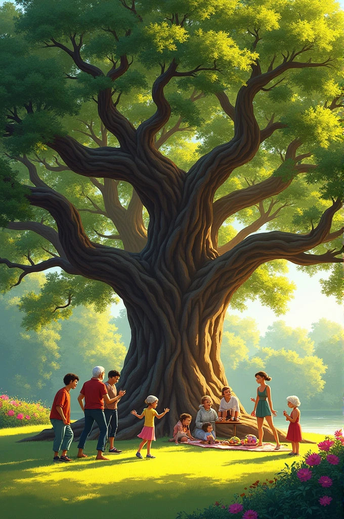 An image of a tree surrounded by people of different ages 