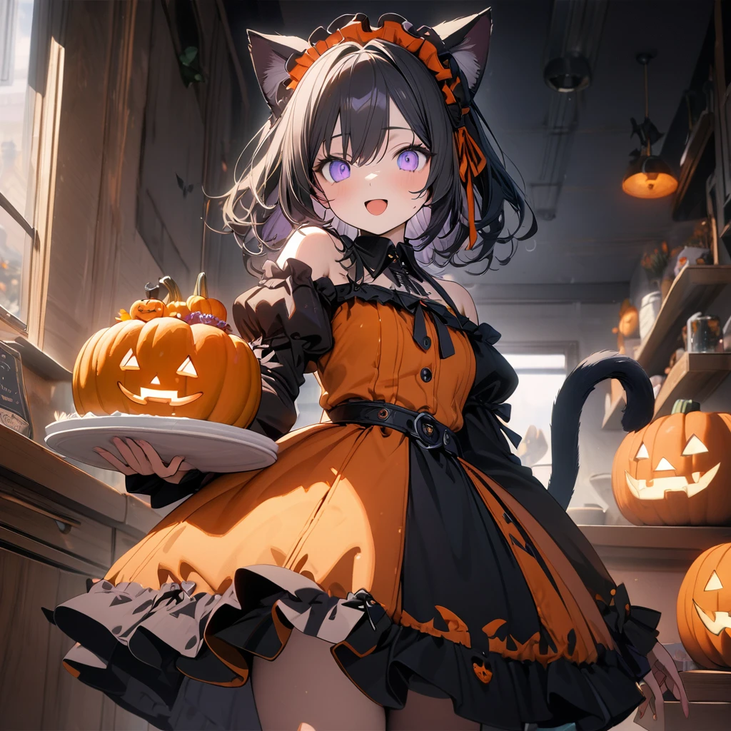 (8K, best quality, master piece: 1.2),super high resolution,1 idol,solo,16yo,ultra-detailed face,detailed eyes,lavender eyes,curl outward hairorange pumpkin,Cold-Shoulder Sleeves,orange Halloween dress, gothic fashion,pumpkin and ribbon maid headdress,:d,black Cat ears,blrak hair,Black cat tail,looking at viewer,Cowboy Shot,rim light,holding a Halloween cake,indoors cake shop,highly detailed illustration,masterpiece,8K,top quality