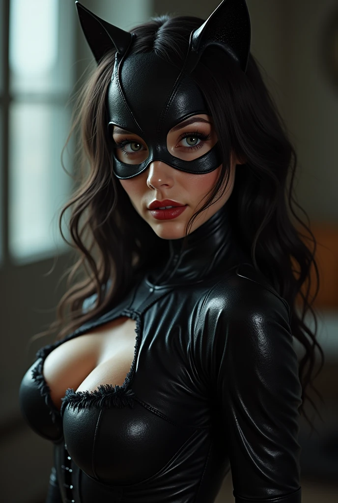 Catwoman as a realistic human girl, (masterpiece), best quality, hyper-detailed, (((NSFW, erotic, full body shot, thick hips, round butt, perky nipples, big nipples, long nipples))), legs spread, dripping wet, high quality fingers, normal hands, detailed fingers,masterpiece, (realistic, photo-realistic:1.37), beautiful face, perfect illumination, beautiful detailed eyes,looking at viewer, stunningly beautiful woman, detailed hairstyle,detailed, (sweat:1),