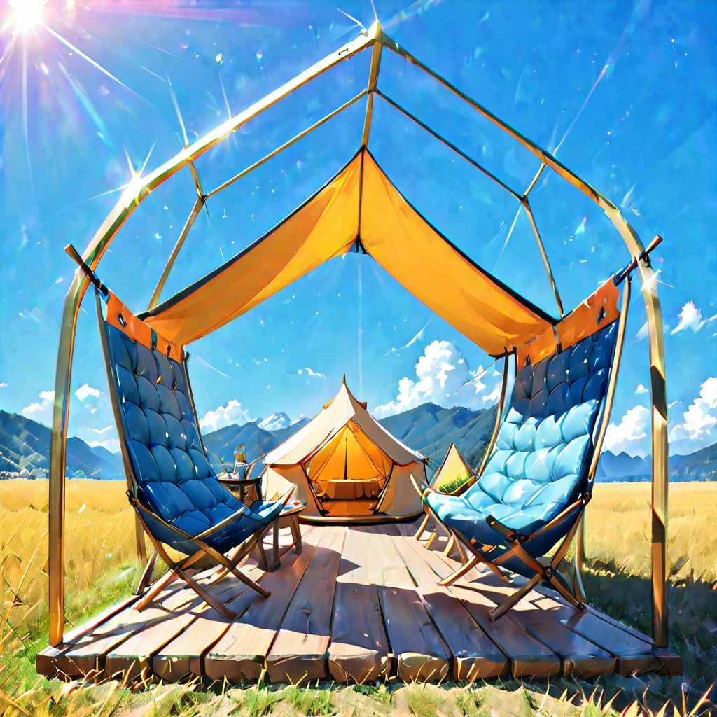 Glamping、symbol、Three-dimensional、Shine、Shine、gold、The background is blue sky