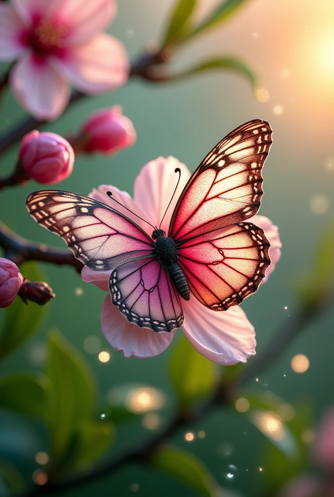 A butterfli with a wing with cherry flowers