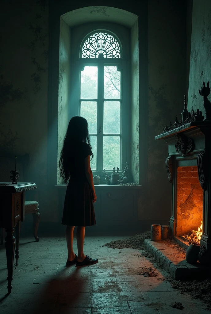 Do and inside a very old house the moon illuminating a fireplace a girl with her back turned with very scary black hair