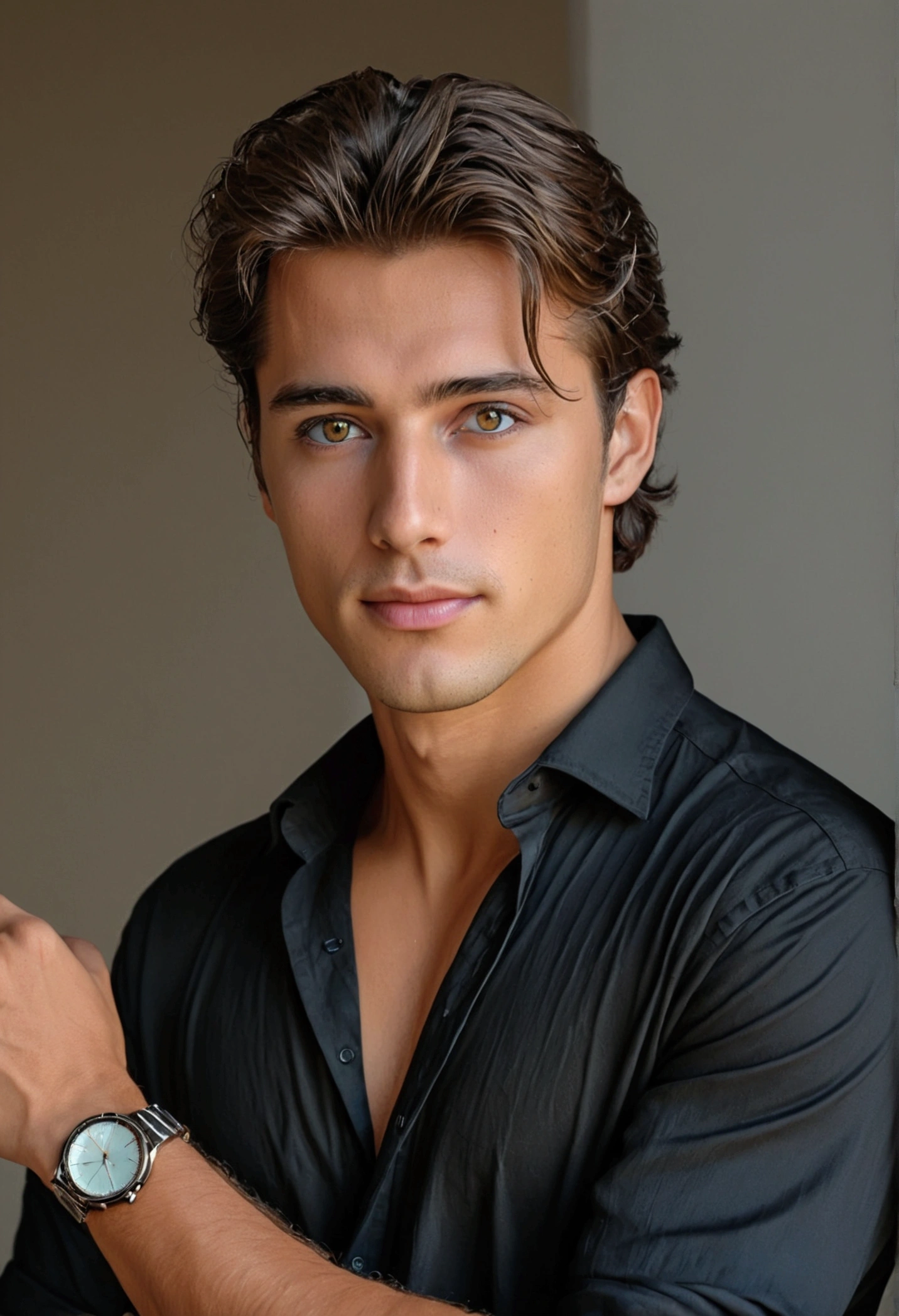 Handsome sexy young wearing very loose black shirt with open buttons and wearing watch and having hazel eyes