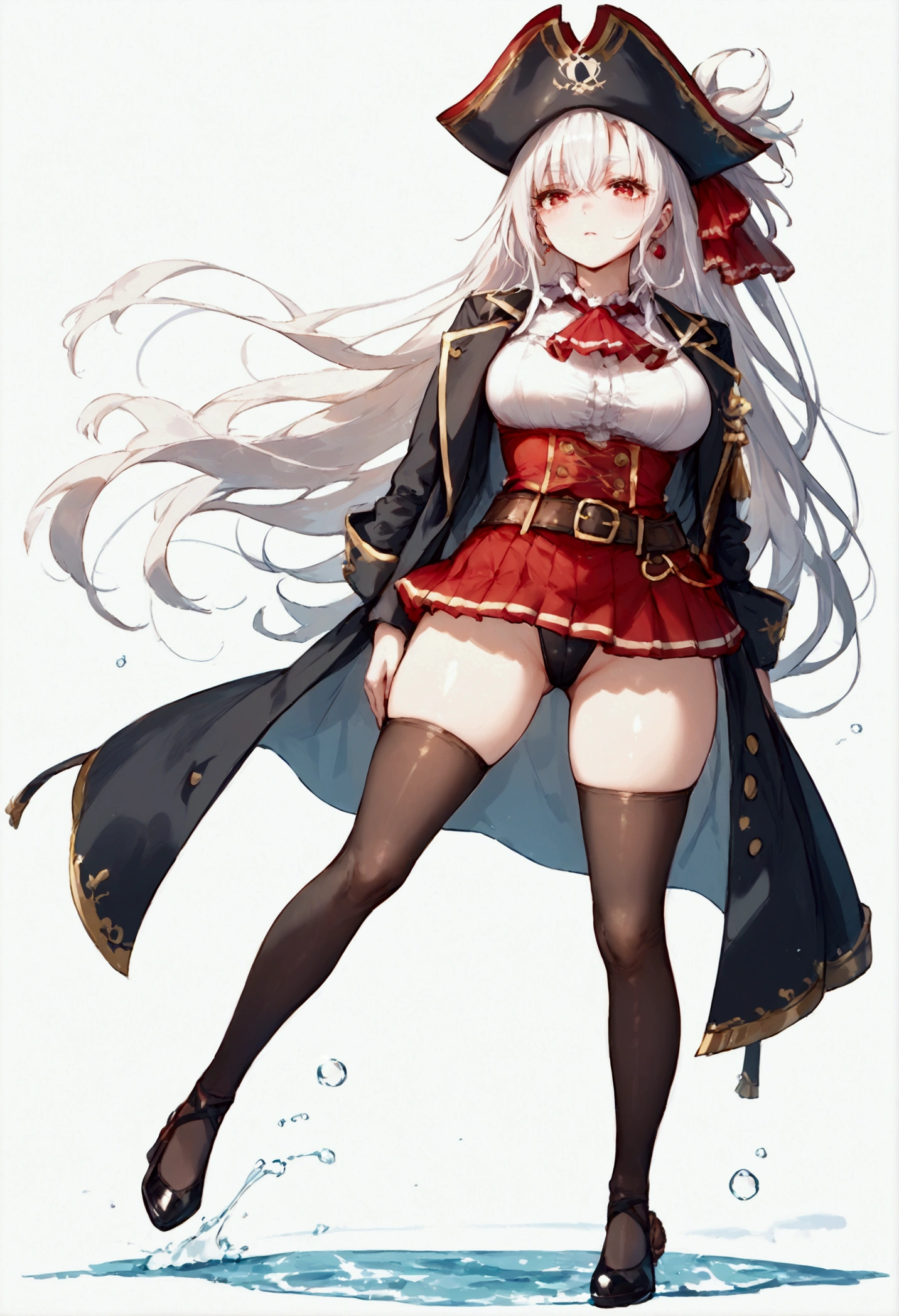 score_9, score_8_up, score_7_up, source_anime, (masterpiece), best quality, expressive eyes, perfect eyes, perfect face, oni girl, oni horns, red eyes, soft lips, long hair, very long hair, wide hips, (white hair:1.2), (white eyebrows:1), (white eyelashes:1), medium breasts:0.5, higuchi madoka, big breasts:0.3, full body, standing, background: City, marine_pirate, hair ribbon, red ascot, red skirt, belt, leotard under clothes, black leotard, black thighhighs, black coat, pirate hat,