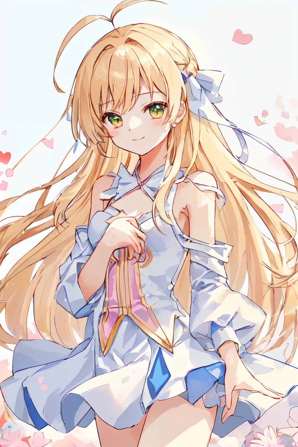 1_girl, (anime, kawai:1.6), (masterpeice, best_quality, clean:1.8), (sky_background:1.2), (cute, wholesome, young:1.8), (delicate, extremely_delicate, beautiful, thin:1.8), (girlfriend, angel:1.5), (green_eyes:1.8) (long_hair, blond_hair:1.6), (combat:1.2), (wearing_big_pink_dress, pink_angel_wings:1.4), (tease:1.2), (combat:1.6), extremely_delicate, (love_magic:1.4), (age_size_fits_body), (small_thighs:1.3), (breasts), (eye_level:1.3), (heart_magic, love:1.5), (warm:1.5), (folded_legs:1.5), (cheerful:2)