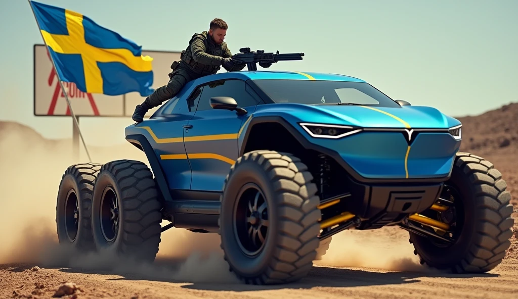 A highly trained Swedish special forces soldier, driving a futuristic blue Tesla Cybertruck with yellow stripes, performing adrenaline-fueled wheelies around a massive X.com logo sign, wielding an imposing heavy machine gun, a swedish flag on the back of the truck, cinematic, dramatic lighting, hyper-realistic, 8K, 3D render, photorealistic, chiaroscuro, moody, gritty, military, tactical, advanced technology, dynamic pose, muscular physique, tactical gear, serious expression, rugged environment, stunning visuals, powerful, intense